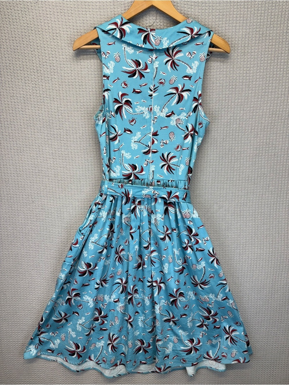 Vtg Bettie Page Hawaiian Fit & Flare Pin Up Blue Dress Sz 10 Retro Vacay Mini - Picture 9 of 13